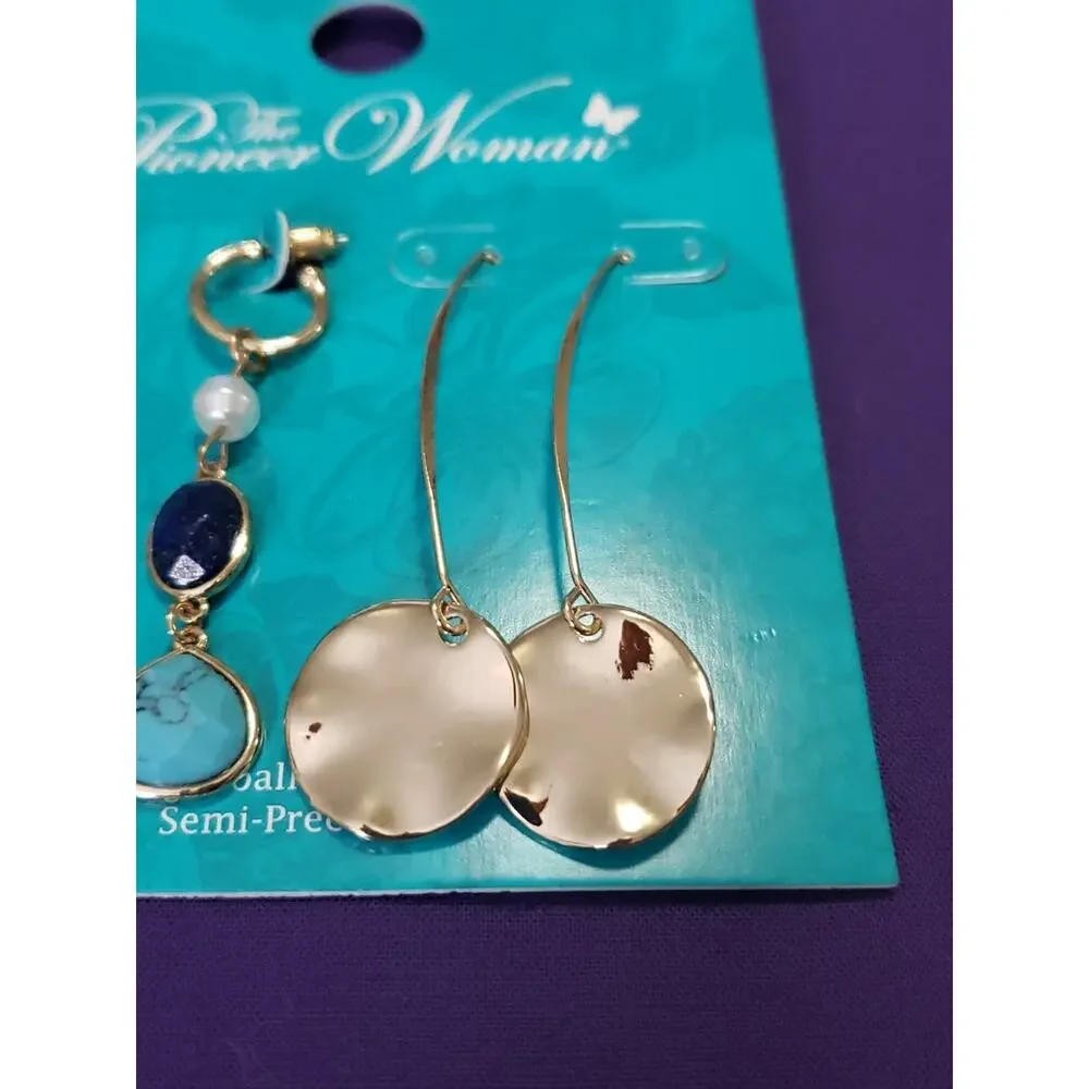 Pioneer Woman Two Pairs Earrings Long Dangle Pierced Threader Semiprecious New